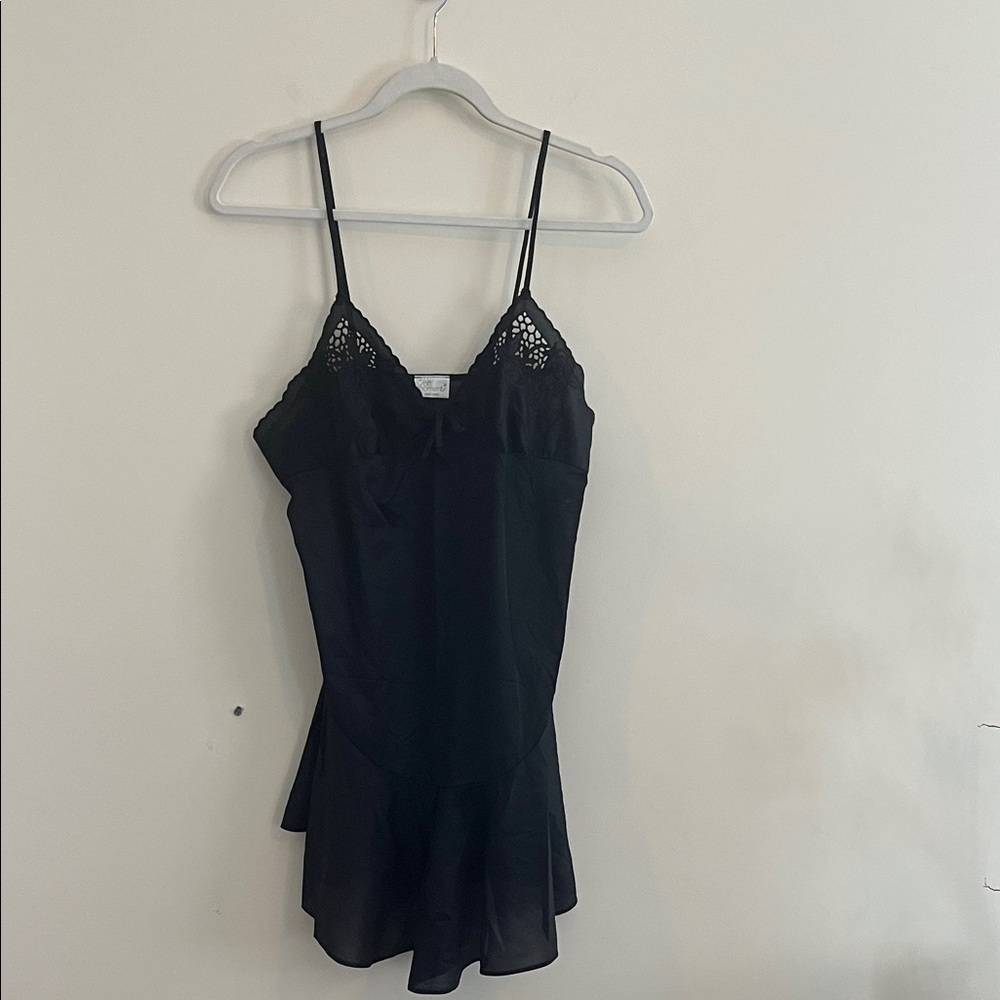 Vintage Soft Moments Mini Dress Slip Black Lace Floral Satin‎ Nightgown Lingerie